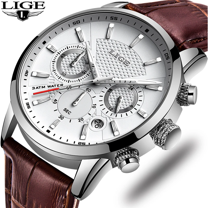 Günstige LIGE Neue Mode Geschenk Männer Uhr Leder Analog Quarz uhren 30M Wasserdichte Chronograph Sport Datum Uhr Männer montre homme 2019