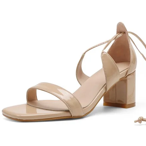 

2017 Summer Women's Patent Leather Cover Heel Square Toe sandals handmade Cross-tied High Heels sexy Fashion shoes for women