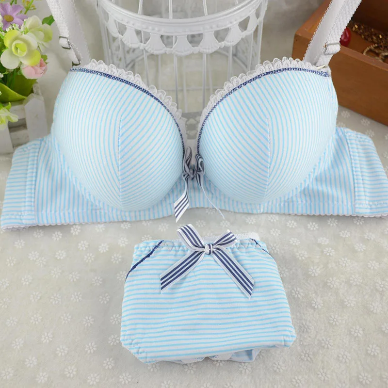 Teenage Girls Underwear Candy Color Student Bra Set Stripes Lace Brassiere Panties Training Bra for Girls