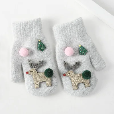 Милые плотные детские перчатки с рождественским оленем, теплые зимние перчатки, детские теплые шерстяные перчатки с рисунком, варежки, рождественский подарок - Цвет: Светло-серый