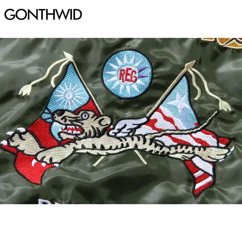 Мужская куртка пилот GONTHWID MA1 тонкая бомбер с вышивкой тигра армейский зеленый