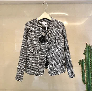 

HAMALIEL Runway 2019 Spring Tweed Jacket Coat Women Gray Beading Pearl Slim Outerwear Small Fragrant Wind Bow Woollen Coats