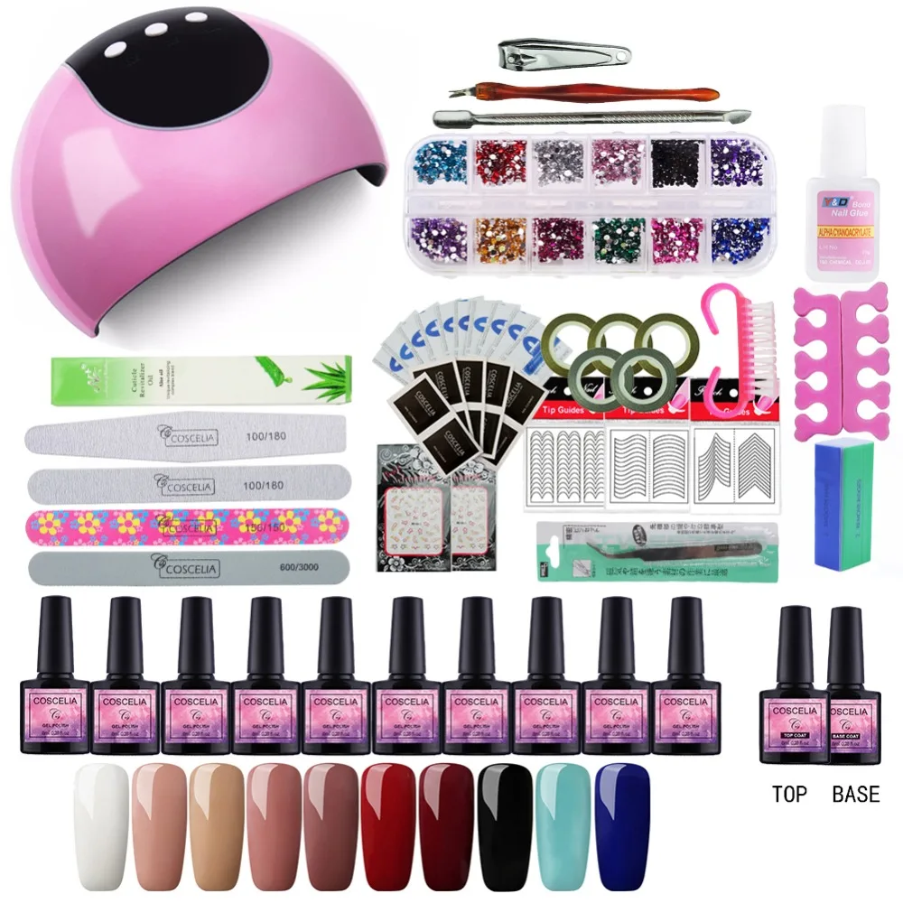 

COSCELIA Nail Art Tools Manicure Tool 10 Color 8ml Nail Polish Gel 24W UV Lamp Dryer UV Varnishes Base Gel Top Coat Kit