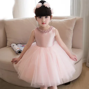 

Caustom made pink beading bow ball gown dress children girls party dress