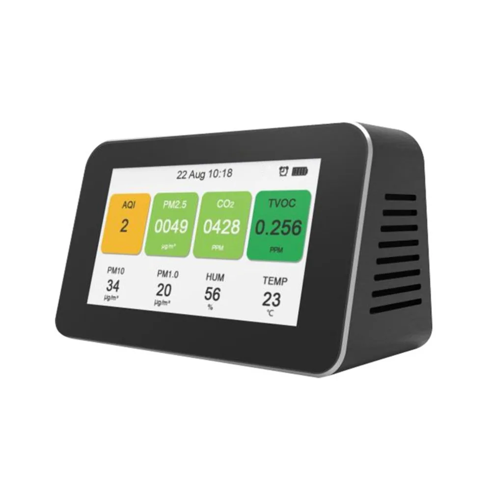 PM2.5/PM10/PM1.0/TVOC/CO2 тестер AQI анализатор качества воздуха детектор Контроль температуры и влажности домашний счетчик смога с будильником