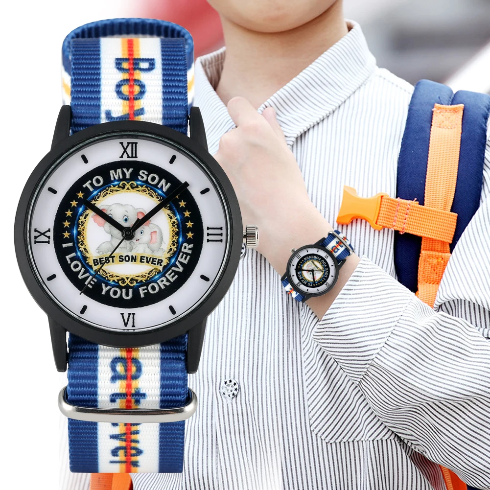 Детские часы нейлоновый ремешок наручные сыну логотип в виде симпатичного слона узор кварцевые часы для мальчиков студенческий рюкзак