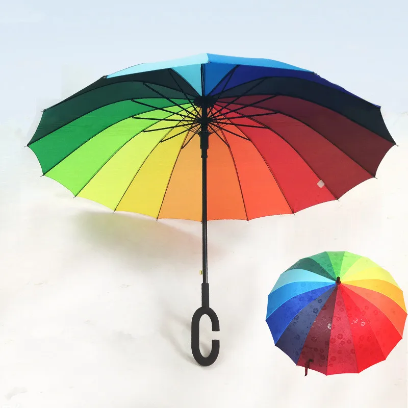 Rainbow Umbrella  Rain  Women and Men Long C G Handle 