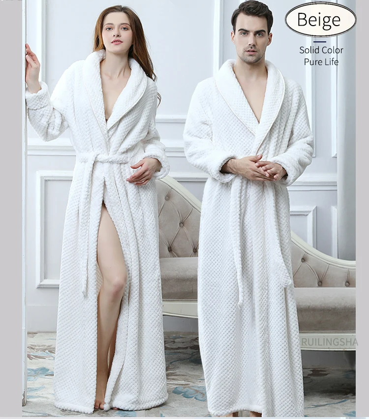 Men Women Winter Extra Long Thicken Grid Flannel Warm Bath Robe Luxury Soft Thermal Bathrobe Mens Dressing Gown Male Sexy Robes