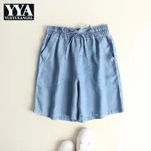 Летние эластичной резинкой на талии джинсовые Рубашки домашние Для женщин Винтаж Омывается прямой ногой Короткие штаны Femme тонкий свободный крой шорты