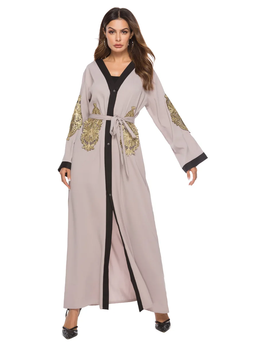 Женское летнее макси кружевное платье с длинным рукавом вышивка открытая стежка мусульманская абайя с поясом Дубай ОАЭ арабский Рамадан халат VKDR1527