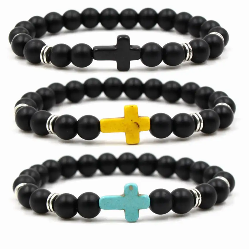 

Wholesale Bohemia Unisex Natural Stone Cross Men charm Bracelet Hand Work Black Onyx Volcano Matte Beaded Bracelets Pulseiras