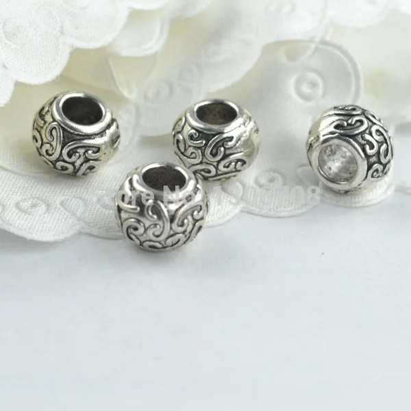 

50pcs Metal tibetan silver charms pattern carved big hole round beads fit for europe bracelet jewelry making z42695