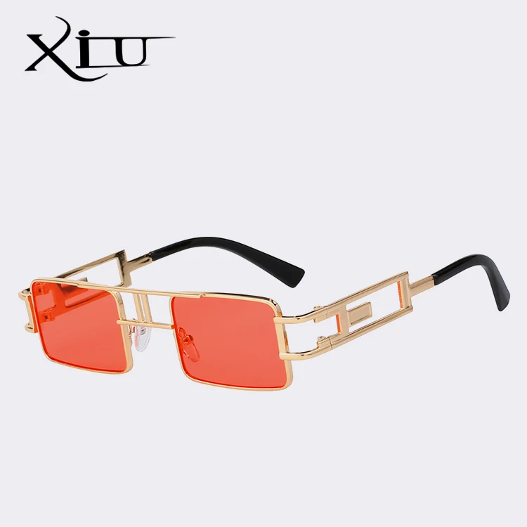 XIU квадратные стимпанк Солнцезащитные очки для мужчин и женщин винтажные солнцезащитные очки фирменный дизайн модные летние очки высшего качества UV400 - Цвет линз: Gold w sea red