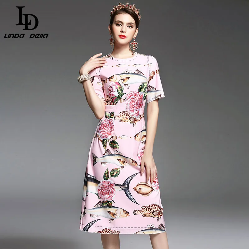 Buy Cheap High Quality New 2017 Spring Summer Designer Runway Dress Women elegant Mid Calf Length Floral Embroidery Printed Pink Dress