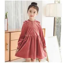 Платье для малышей в консервативном стиле с розовыми кисточками; одежда для больших девочек; Новинка года; хлопковое платье принцессы с рукавами-лепестками; детское праздничное платье