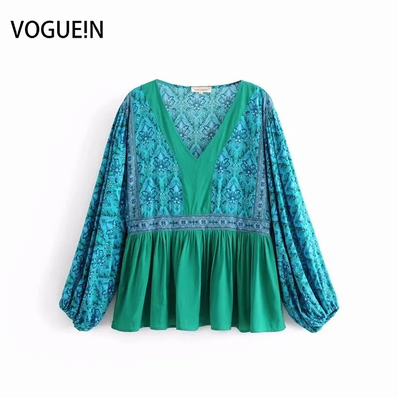 

VOGUEIN New Womens Retro Green Floral Print V-Neck Splice Blouse Shirt Tops Wholesale