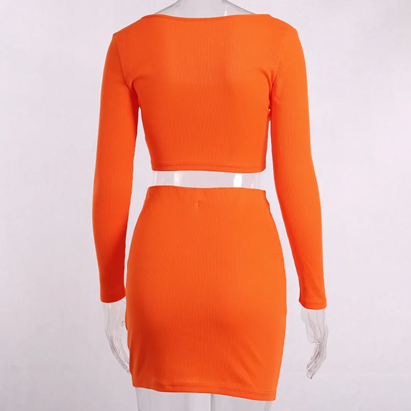 Криптографические модные наряды ярко-оранжевые женские комплекты на пуговицах с длинным рукавом, топы, сексуальные комплекты из двух предметов, повседневные Облегающие юбки