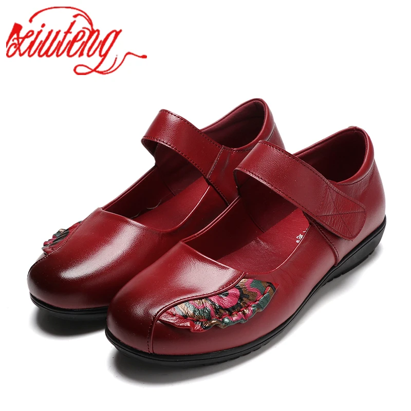 

Xiuteng Summer Autumn Fashion Flower Design Round Toe Hook & Loop Flat Shoes Vintage Genuine Leather Women Flats Girl Loafer New