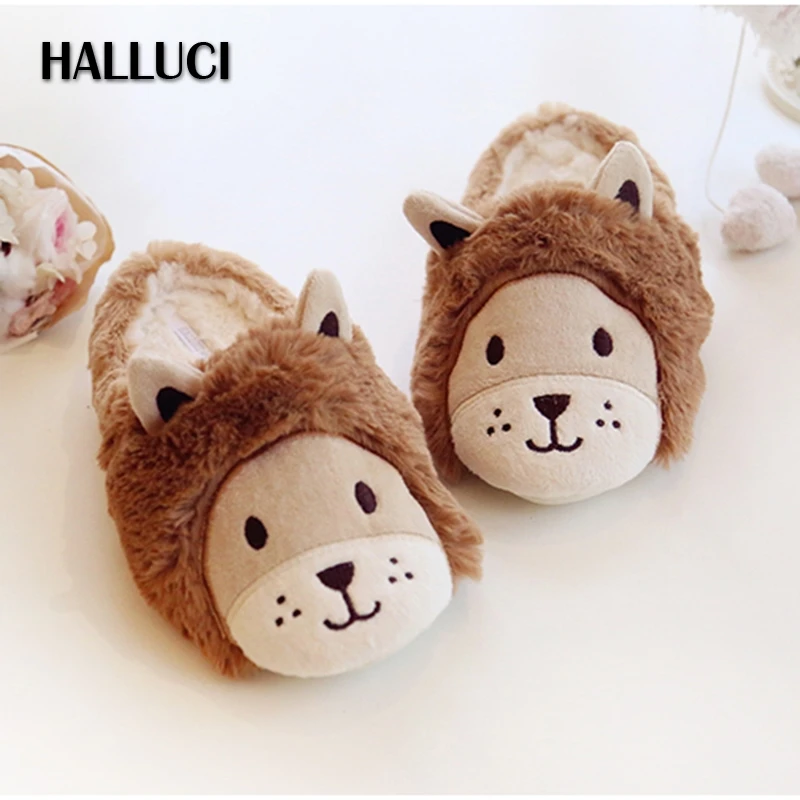 Suihyung Cute Animal Slippers Kids Winter Warm Home Slippers Children Soft Non-slip Indoor Floor Shoes Furry Lion Plush Slippers