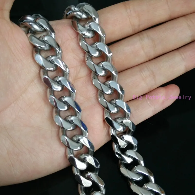 

7-40inch Custom Size Stainless Steel Polishing Silver Tone Cuban Curb Link Chain Bracelet/Necklace 15mm Handsome Men's Jewelry