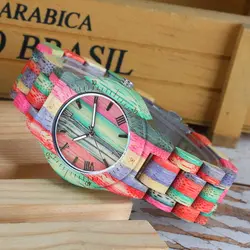Для мужчин женщин Мода красочные Древесины Бамбука часы аналоговые кварцевые ручной работы полный деревянный браслет Роскошные наручны