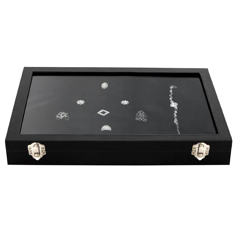 Стеклянная крышка Черный 100 слот серьги кольцо ювелирные изделия Дисплей Коробка для хранения лоток Органайзер держатель
