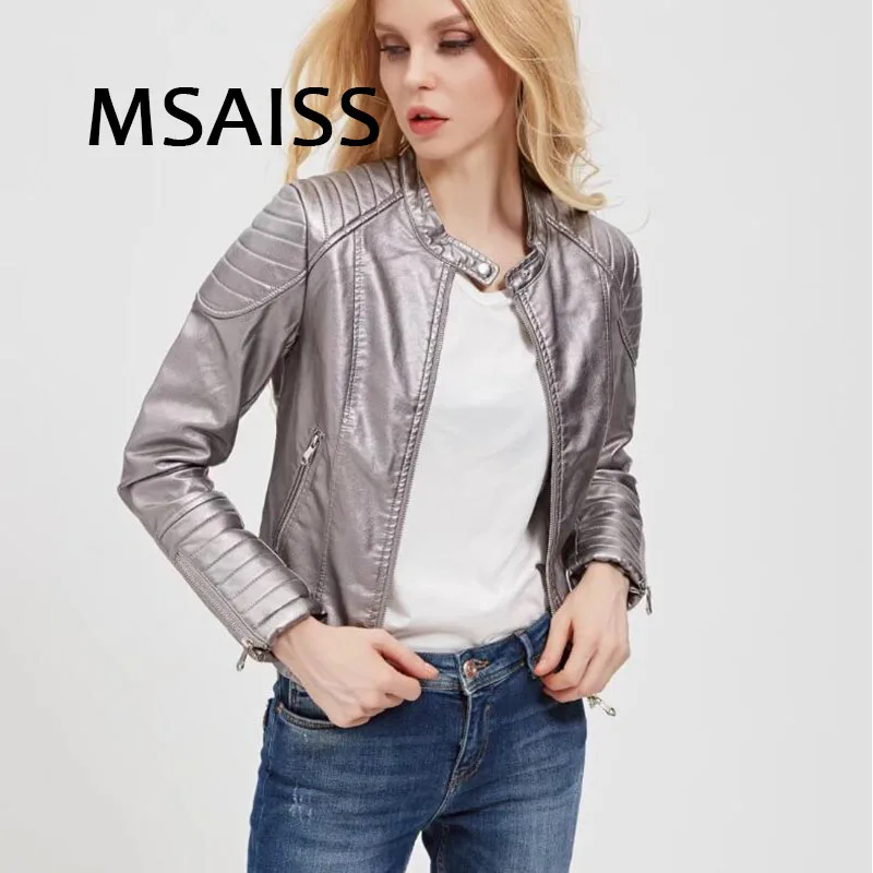 

MSAISS 2019 Metallic Spring Leather Jacket Womens Bright Color Faux Leather Motorcycle Bomber Jacket Coat