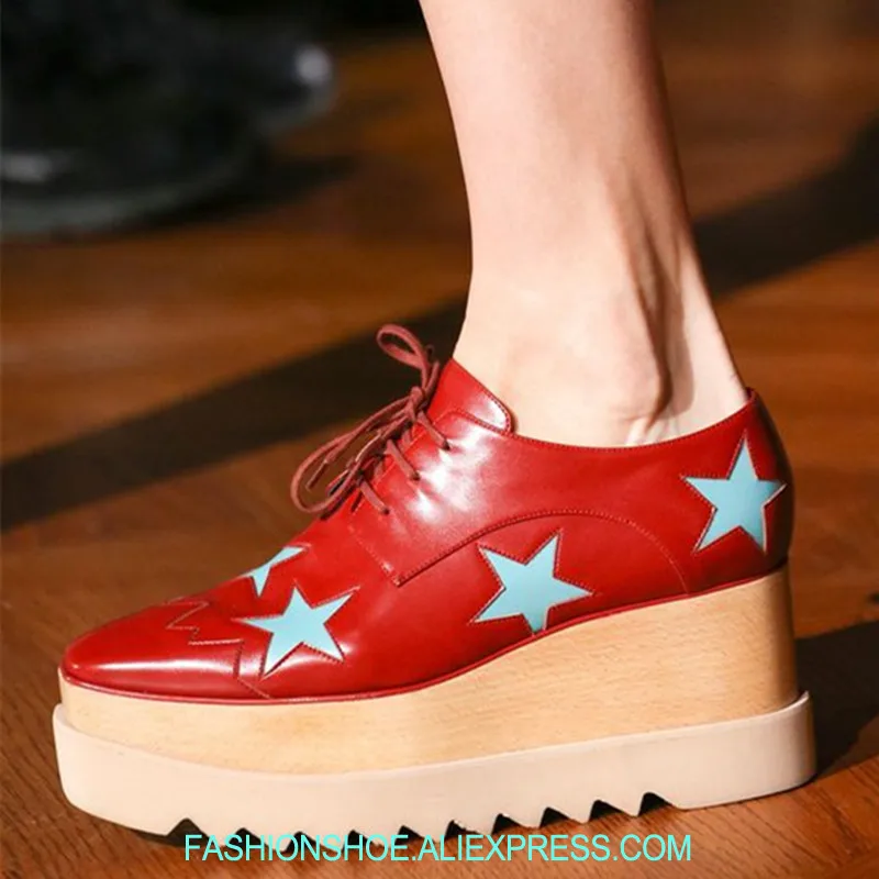 

Stars Decor Platform Lace Up Stripe Wedges Women Sneakers Square Toe Platform Sneakers Fashion Flatforms Spring Shoes Woman
