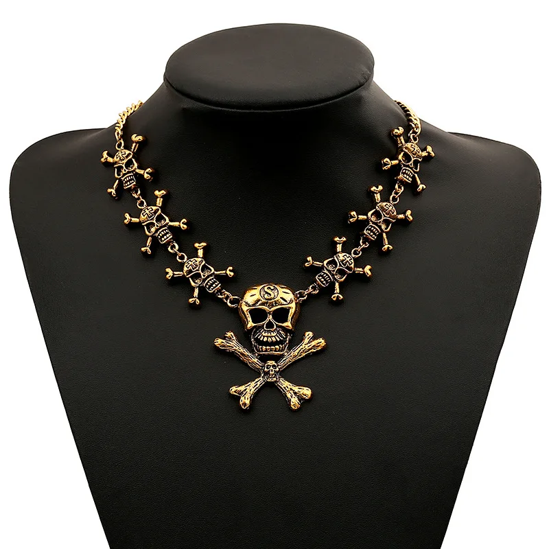 LZHLQ модные, в стиле рок, панк, ожерелье с черепом и подвесками, массивное ожерелье, винтажное пиратское ожерелье со скелетом, Женские Ювелирные изделия - Окраска металла: Gold