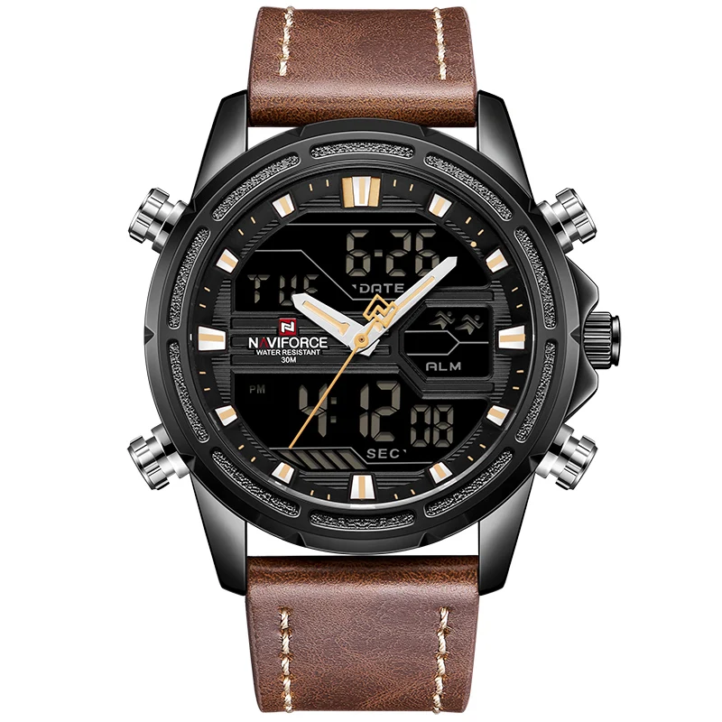 Часы NAVIFORCE мужские спортивные кварцевые аналоговые светодиодные кожаные военные