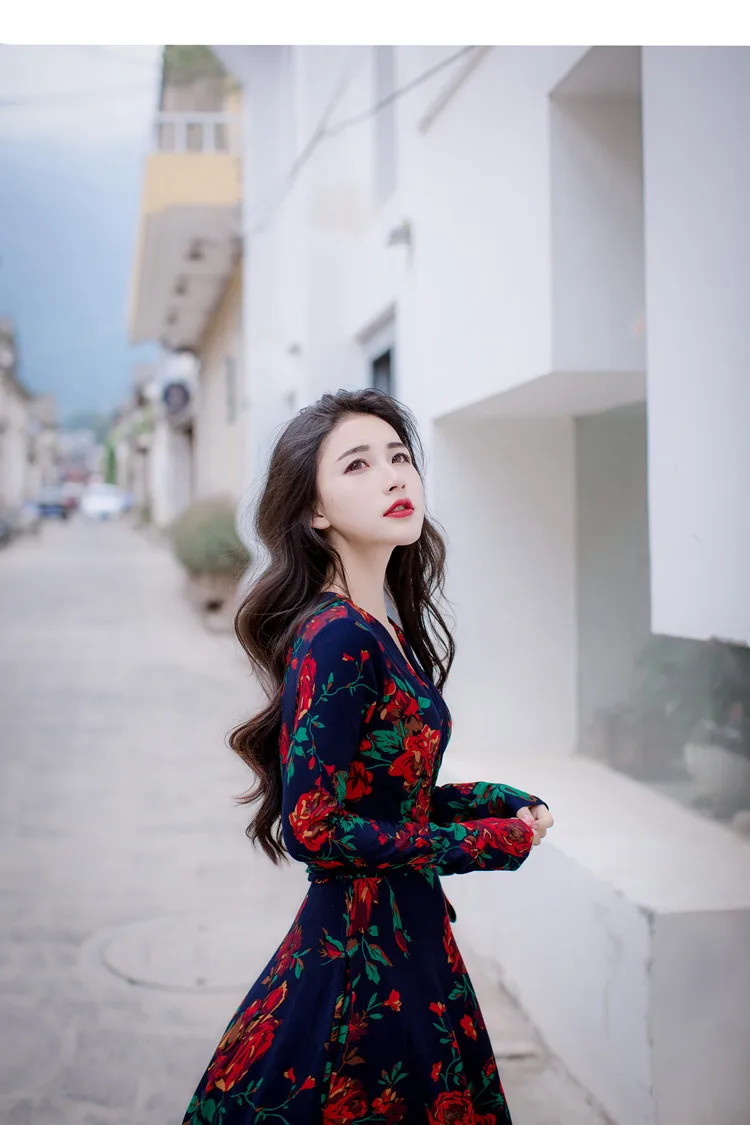 Stylish V-neck Long Sleeve Tie-waist Big Hem Print Dress (2)