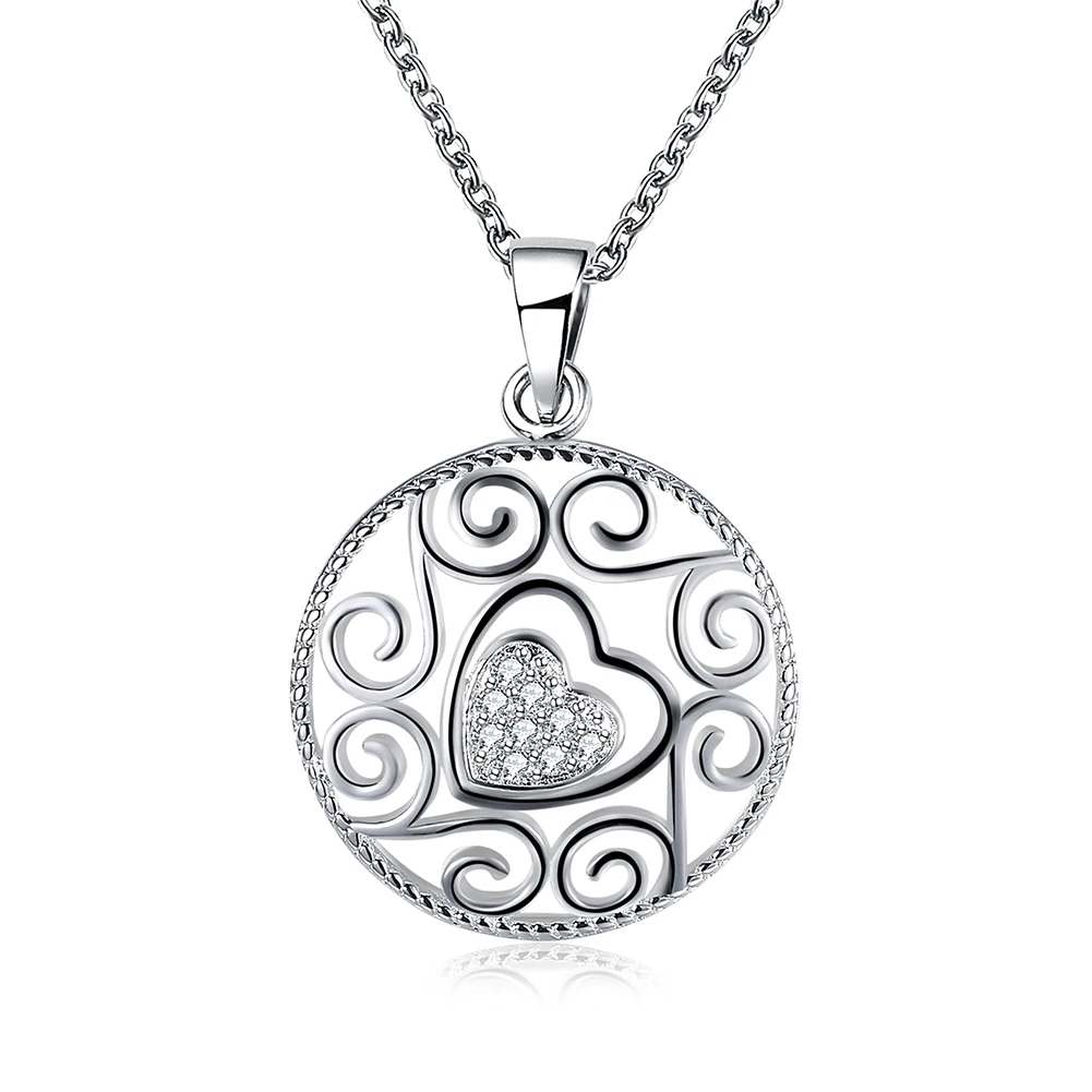 N862 Fashion silver circular pendant necklace zircon hollow heart charm