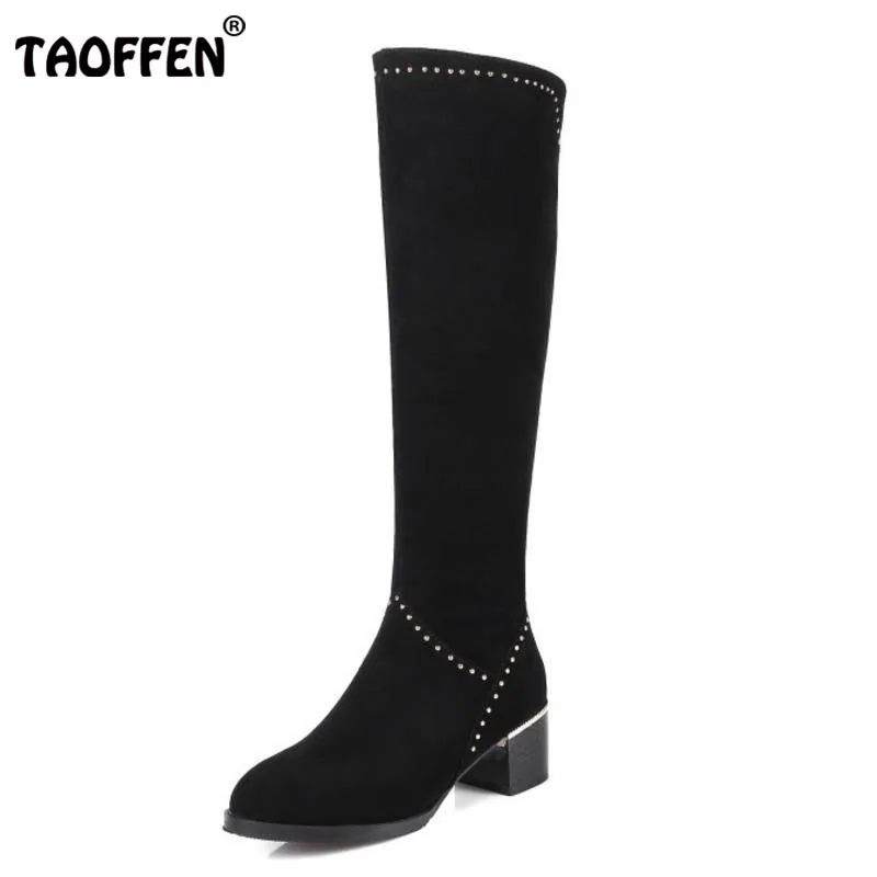 

TAOFFEN Size 31-45 Women Real Leather High Heel Boots Women Rivet Zipper Knee Boots Warm Fur Shoes Cold Winter Women Footwears