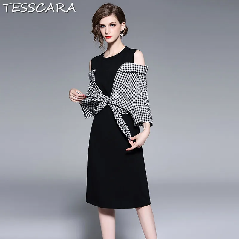 

TESSCARA Women Elegant Office Plaid Dress Shirt Festa Female High Quality Vintage Designer Vestidos Casual A-Line Robe Femme