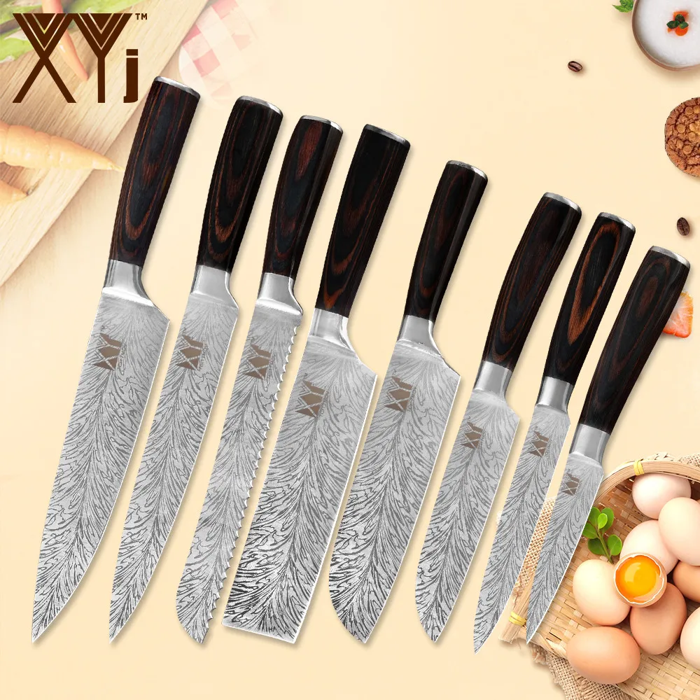 

XYj Cooking Kitchen Stainless Steel knife Damascus Pattern Blade Color Wood Handle Knife Meat Fish Kitchen Gadgets Accessory