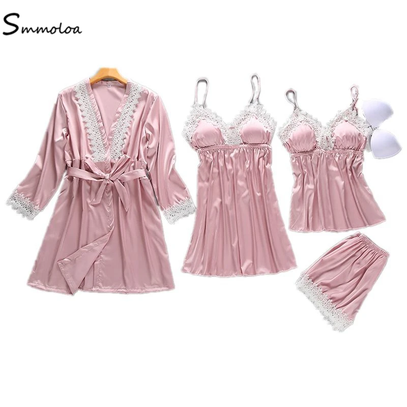 

Smmoloa Female Silk Pjamas 4 Piece Sets Robe Sets Satin Nightwear