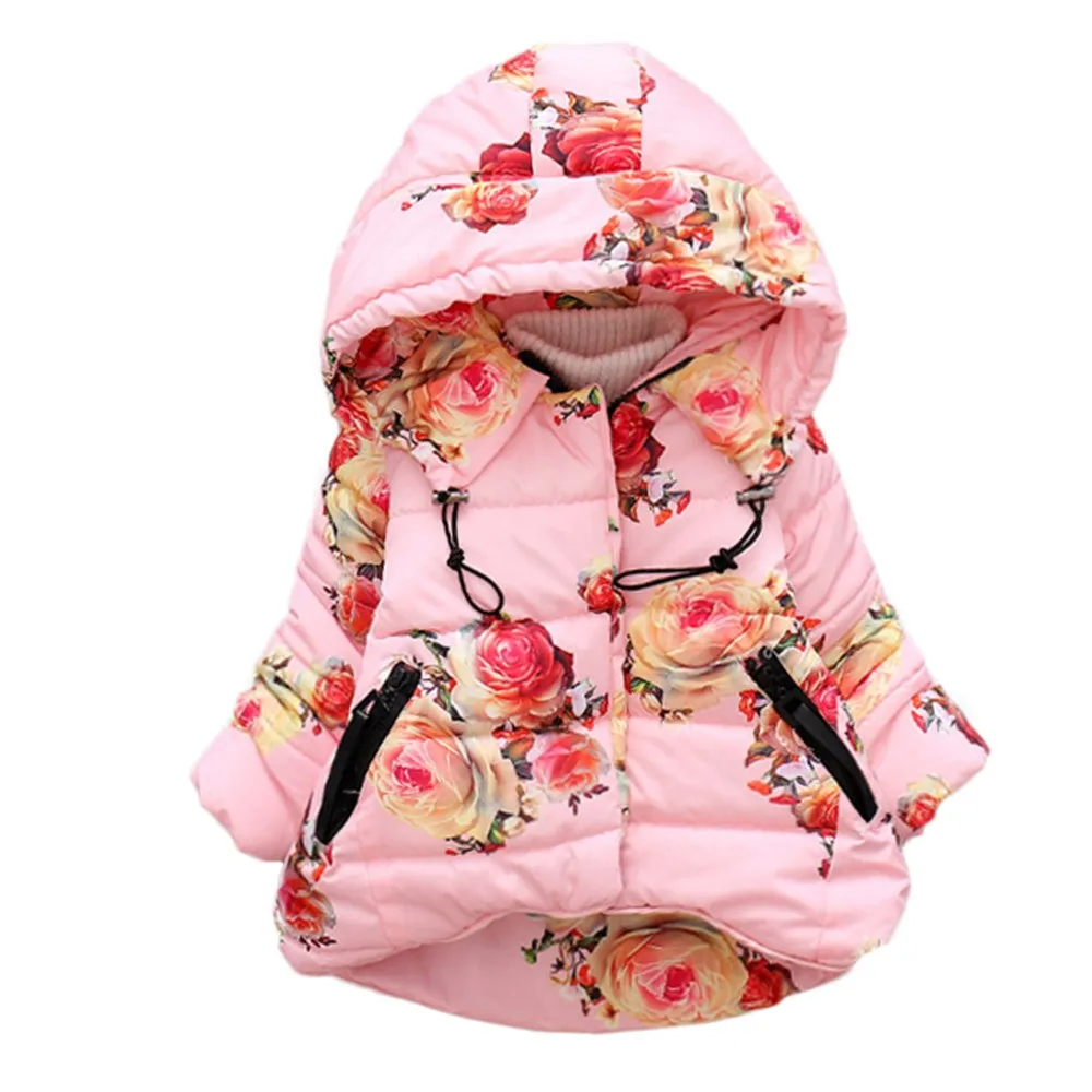 Зимняя одежда для маленьких девочек; Модный ветрозащитный зимний комбинезон с капюшоном и цветочным принтом для новорожденных; зимнее пальто для маленьких девочек; зимняя одежда