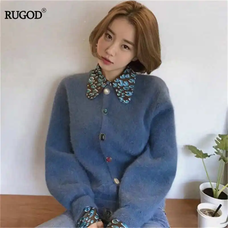 RUGOD, Корея, Женский однотонный однобортный Кардиган, милый, для девочек, супер фея, кашемировая верхняя одежда, повседневная, для девушек, хлопок - Цвет: Синий