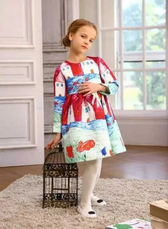 

2017 Brand Designer Long Sleeve Kids Dresses for Girls Clothes Graffiti Pattern House Flower Dress Princess Costume For Easter