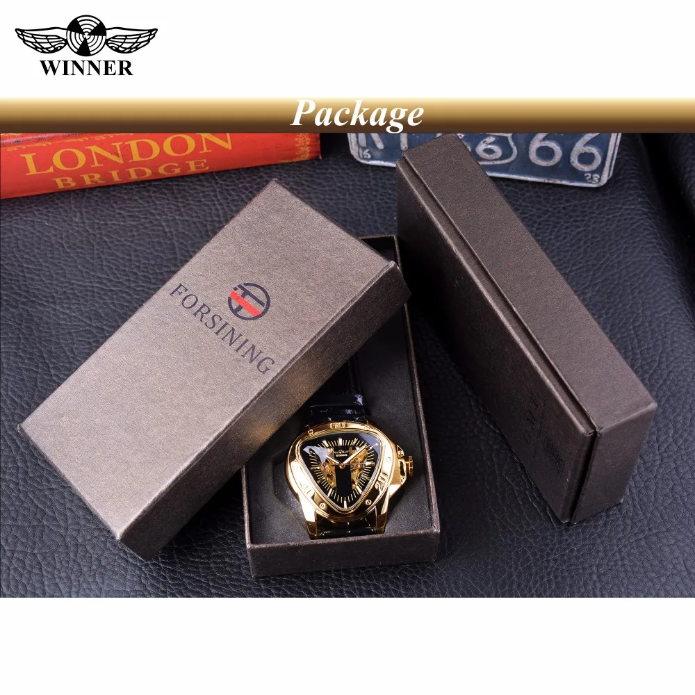 Winner Steampunk Fashion Triangle Golden Skeleton Movement Mysterious Men Automatic Mechanical Wrist Watches Top Brand Luxury mechanical watch