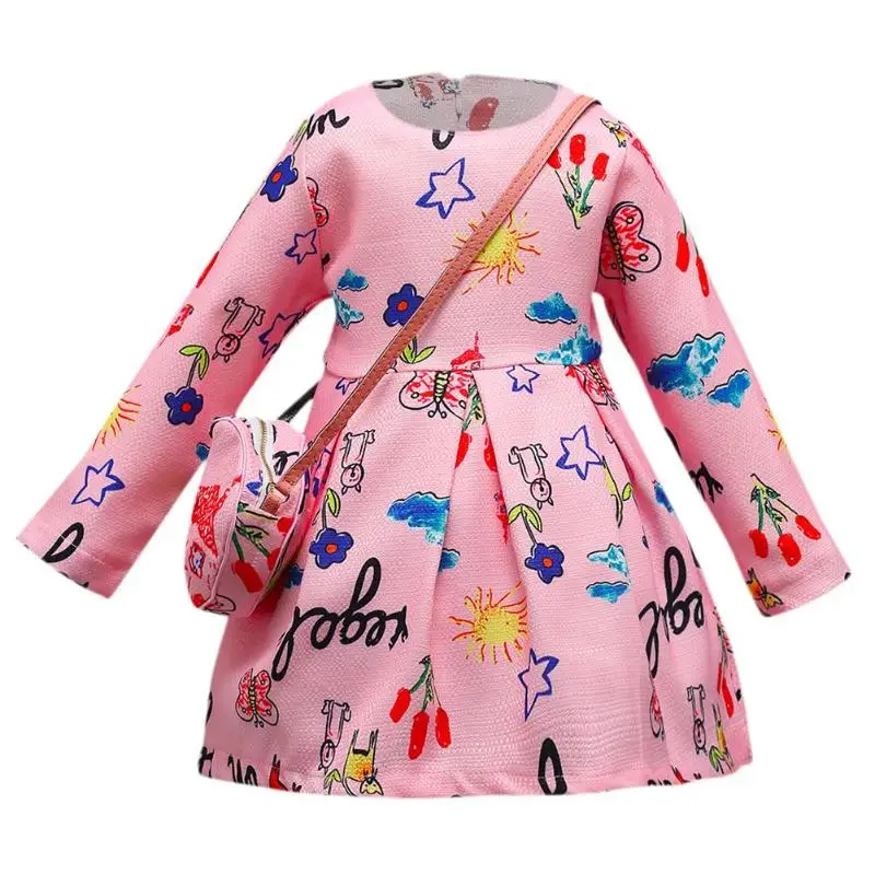 

Toddler Girl Dresses Kids Clothes Children Dress with Bag Princess Ball Gown Girls Floral Print Kids Long Sleeve Dresses
