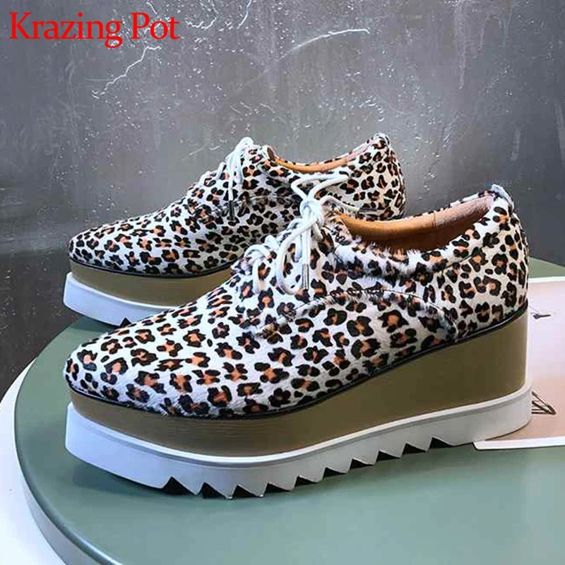 

Krazing Pot 2019 pointed toe platform vintage sexy design lace up thick bottom leopard pattern horse hair gladiator shoes L18