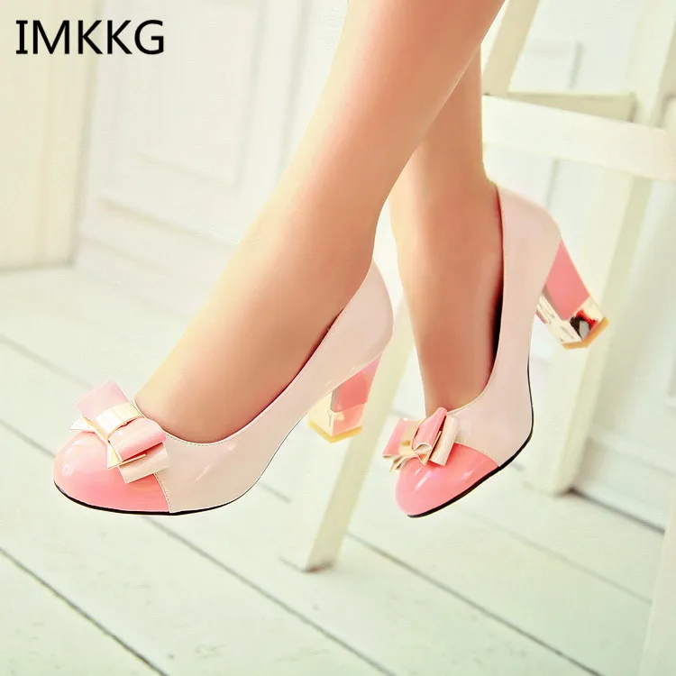 

New Summer Spring Women Pumps round toe High-Heeled Women Shoes bow color block decoration cute High Heels shoes f010