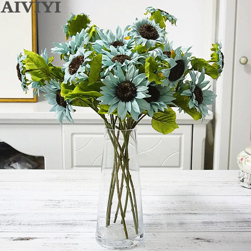 

3 head artificial garden sunflowers DIY flower branches suitable for home wedding autumn decoration fake plastic stem sunflower