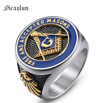 

DICAYLUN Masonic Free Mason Rings Men Stainless Steel Signet Freemason Ring Silver Blue Freemasonry Punk Jewelry Mens Male Gifts