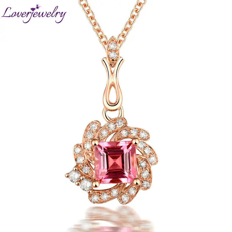 

LOVERJEWELRY Classic Lovely Lady Princess Cut Solid 18kt Rose Gold Natural Diamonds Pink Tourmaline Wedding Pendant Necklace