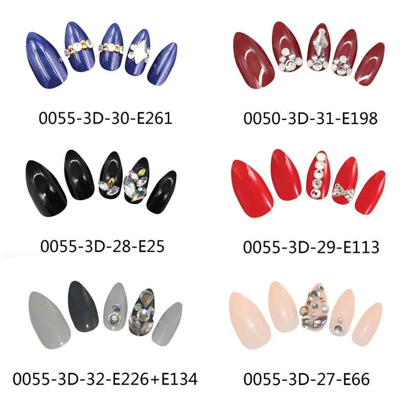 

High Quality 6 Pre Designs False Fake Nails Artificial 24pcs Finger Beauty Stiletto Nail Tips With Glue DIY Unhas 3D Rhinestone