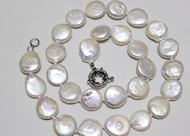 

0002984 Natural White Coin fresh water pearl necklace 14mm 17INCH AAA