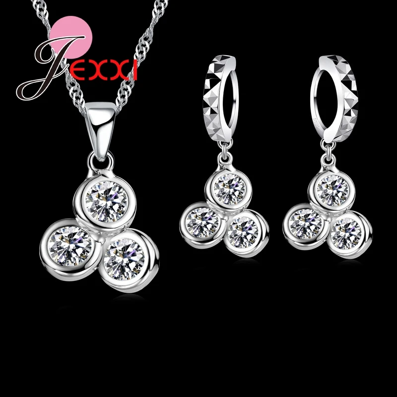 

New Fashion Top Quality 925 Sterling Silver Three Cubic Necklace Earrings Set Women Wedding Jewelry Accessory