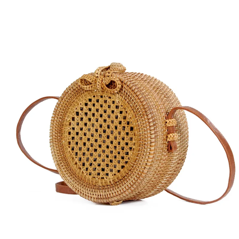 

High Quality Women Straw Bag Rural Style Rattan Beach Handbag Small Circle Lady Crossbody Handmade Kintted Shoulder Bags